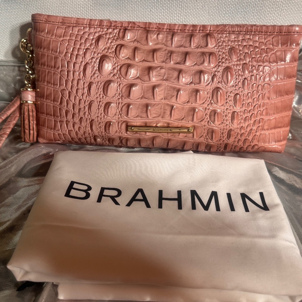 Genuine Leather Brahmin Kayla Blushing Pink Crocodile Embossed Large Wristlet